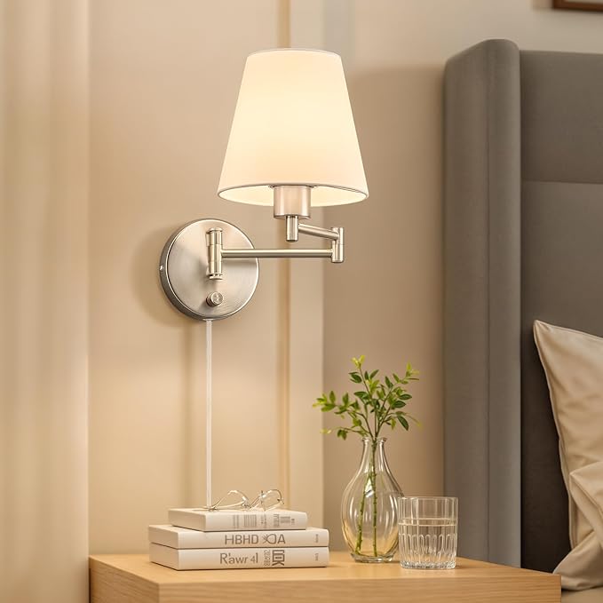 VONLUCE Modern Adjustable Swing Arm Wall Lamp Brushed Nickel, Plug-in Wall Sconce Lighting for Bedroom Bedside, Living Room, Kitchen, Hallway, Wall Mounted Light Fixtures with White Fabric Shade