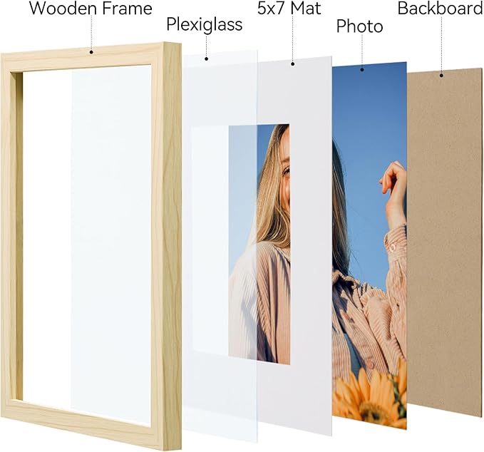 Vittanly 8x10 Picture Frame Set of 4, Display Pictures 5x7 with Mat or 8x10 without Mat, Engineered Wood with Shatter Resistant Plexiglass, Photo Frames for Wall or Tabletop Display, Natural Wood