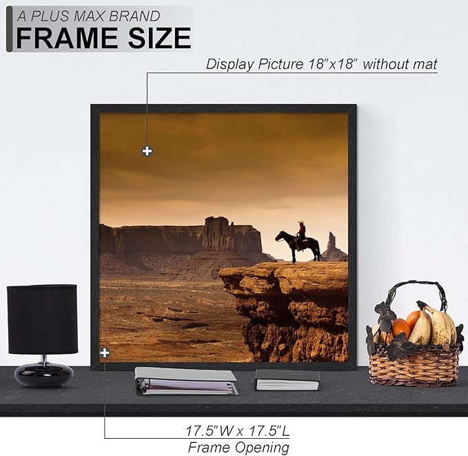 A PLUS MAX Square 18x18 Frame, Black Engineered Wood Picture Frame for 18 x 18 Picture Poster Photo, Light Weight 18 by 18 Frame with Wood-grain for Wall - 1 Pack/Black/18 x18