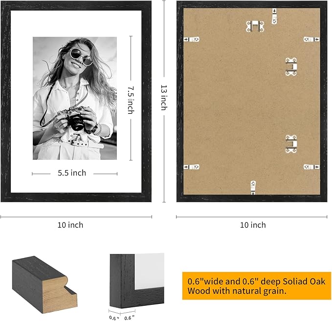 puthiac 9x12 Solid Oak Wood Picture Frame, Fits 6x8 with Mat or 9x12 Without Mat, Wall or Tabletop Display with Stand, Vertical or Horizontal, Plexi Front, 3 Pack, Black