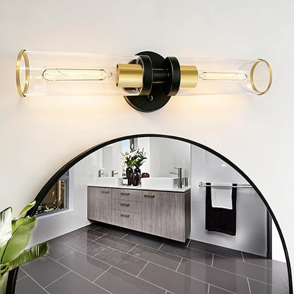 Wall Sconces Set of Two, Black and Gold Bathroom Wall Sconces with Clear Glass,Hardwired Modern Sconces Wall Decor Set of 2 Wall Light for Bathroom Mirror Bedroom Living Room Hallway Vanity