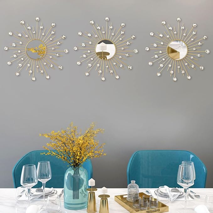 Uaussi 3 Pack Crystal Sunburst Wall Mirror Décor Rhinestone Mirrors Decorative Home Wall Art for Living Room Bedroom Entryway(Crystals Gold)