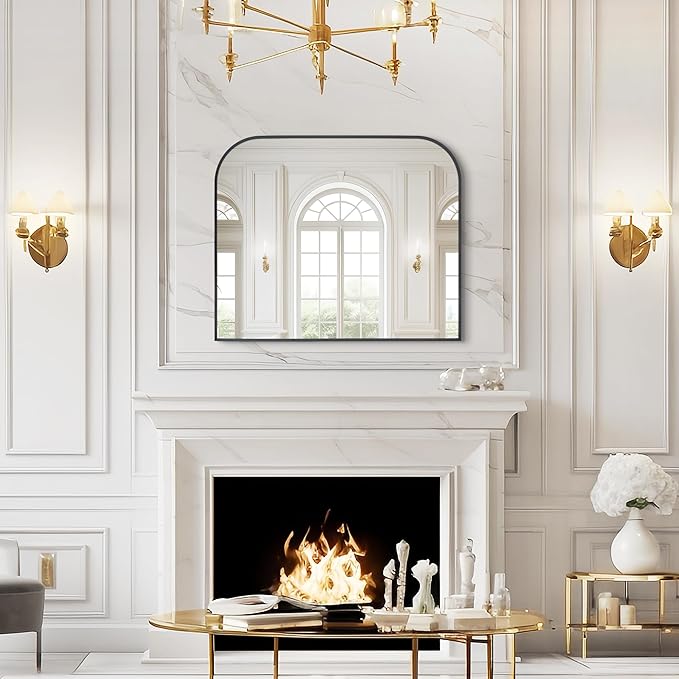 Modern Large Wall Mirror, Modern Mantel Minimalist Home Decor, Brushed Black Metal Framed Arched Mirror for Living Room, Bedroom, Fireplace, Mantle, Entryway, Bathroom, 36