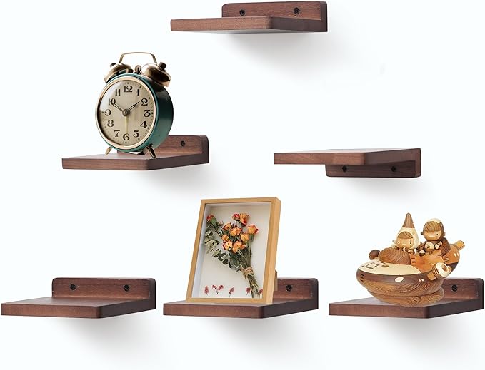 Small Floating Shelf, 5x6 Inch Display Ledges for Wall,Mini Shelves,Rustic Wood Shelf for Bedroom Living Room Bathroom Kitchen (6, Light Walnut)