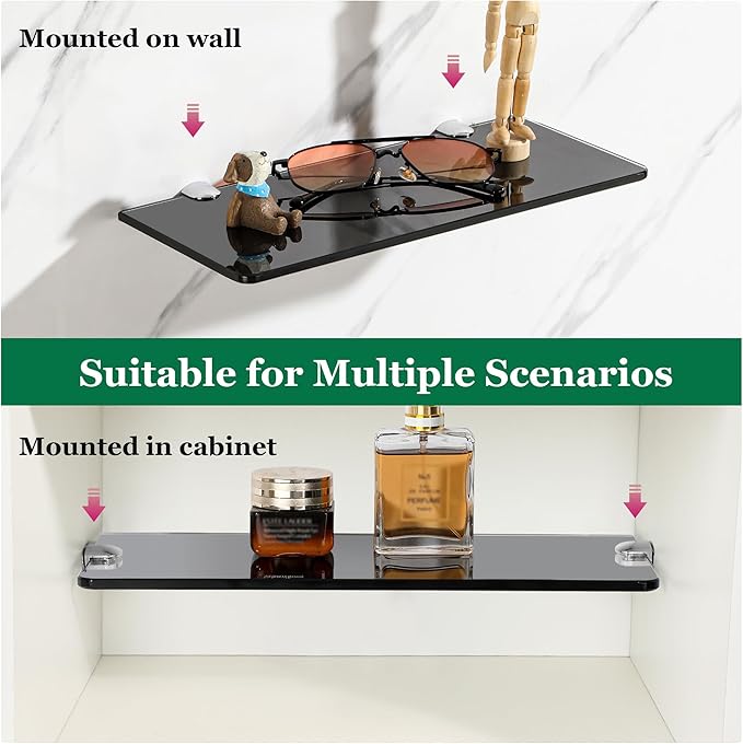 SAYAYO Glass Floating Shelves for Wall, Tempered Glass Shelves for Bathroom, Living Room, Bedroom, Office, Toilet, Kitchen Decor, 12 Inch Set of 2, Black