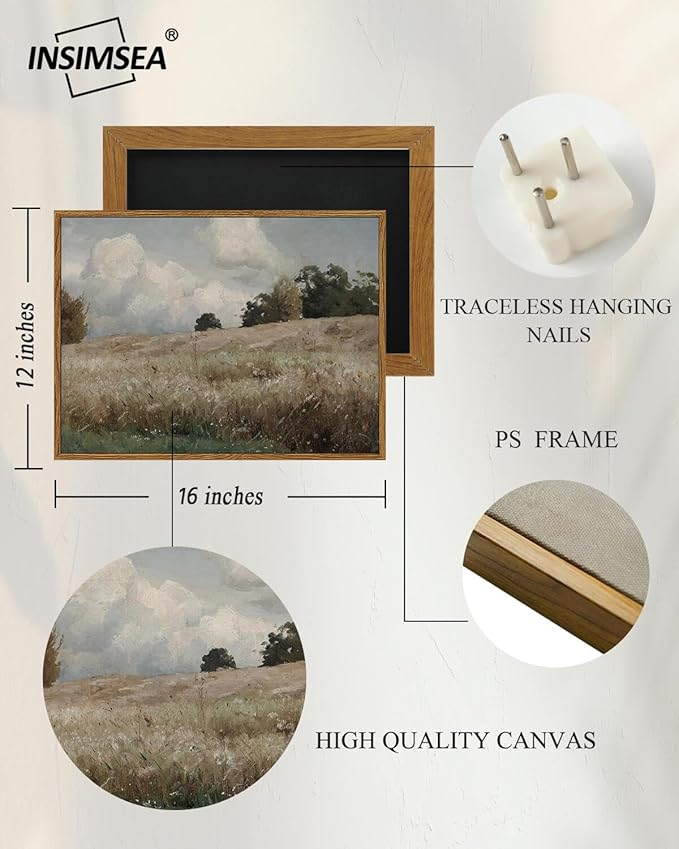 InSimSea Framed Canvas Wall Art Vintage Decor, Landscape Paintings Wall Decorations for Living Room, Retro Wall Art for Bedroom Office Decor, Grassland Classical Painting Prints Room Decor, 12