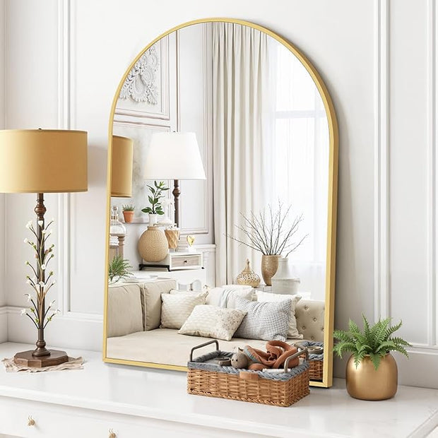 Arched Wall Mirror 38x26 Inch Gold Bathroom Vanity Mirror with Metal Frame, Modern Arch Mirror for Bedroom, Living Room, Entryway, Wall Mounted Decorative Mirror