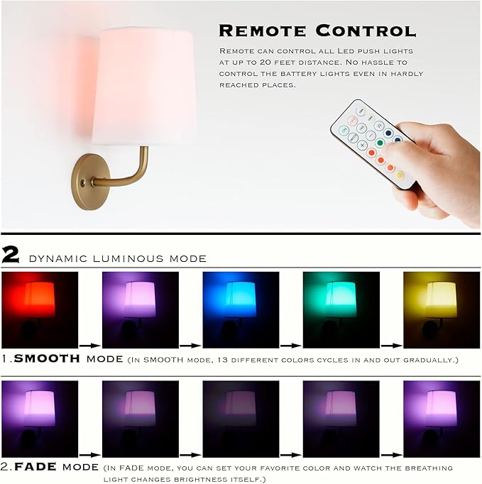 HEQIQEH 2 Packs Rustic Vintage Battery Operated Wall Sconce Light Fixture with Flared Funnel Linen Fabric Shade,Remote Control Dimmable RGB Nightstand Lamps for Bedroom Bedside (Antique-2)