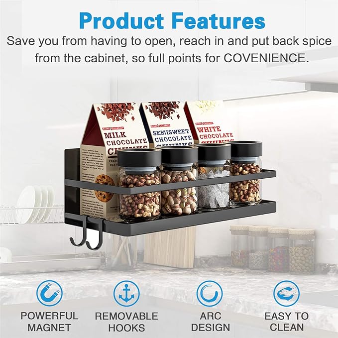 Magnetic Spice Rack, Thipoten Strong Magnetic Shelf with 2 Removable Hooks, Perfect Space Saver for Small Kitchen/ Apartment, Awesome Metal Cabinet for Holding Spices, Jars, Bottle, Beve(Black, 2Pack)