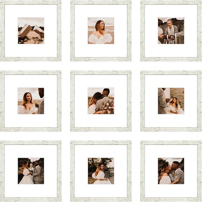 8x8 Picture Frame Set of 9, Display Pictures 4x4 with Mat or 8x8 without Mat, Multi Collage Gallery Square Photo Frames for Wall or Tabletop, Distressed White