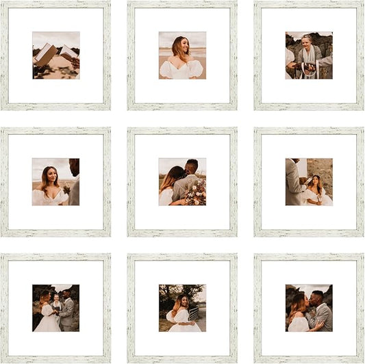 8x8 Picture Frame Set of 9, Display Pictures 4x4 with Mat or 8x8 without Mat, Multi Collage Gallery Square Photo Frames for Wall or Tabletop, Distressed White