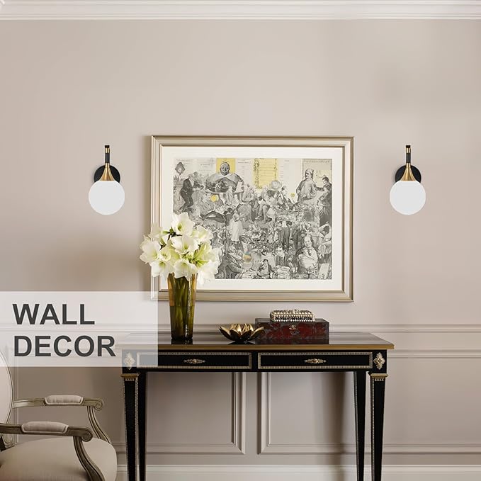 1-Light Bathroom Wall Sconce Light,Black and Gold Vanity Lighting with White Milk Globe Glass Shade, Vintage Wall Light Fixture Wall Lamp Wall Mount Light for Bedroom Hallway
