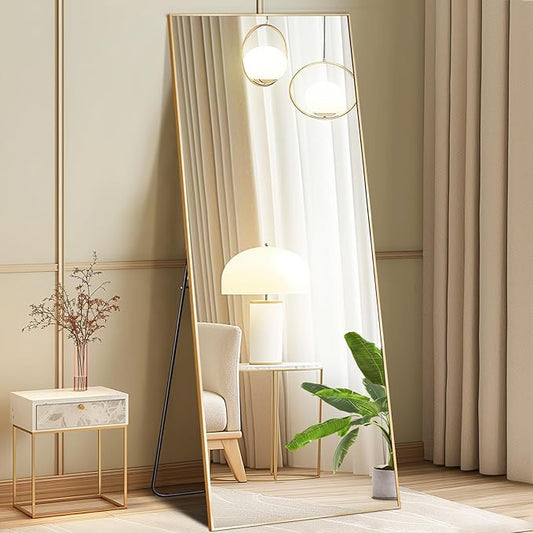 DUMOS Full Length Mirror with Stand, 58"x19" Floor Mirror with Aluminum Alloy Frame for Bedroom, Standing Full Body Mirror with Shatter-proorf Nano Glass for Wall, Living Room, Cloakroom, Gold