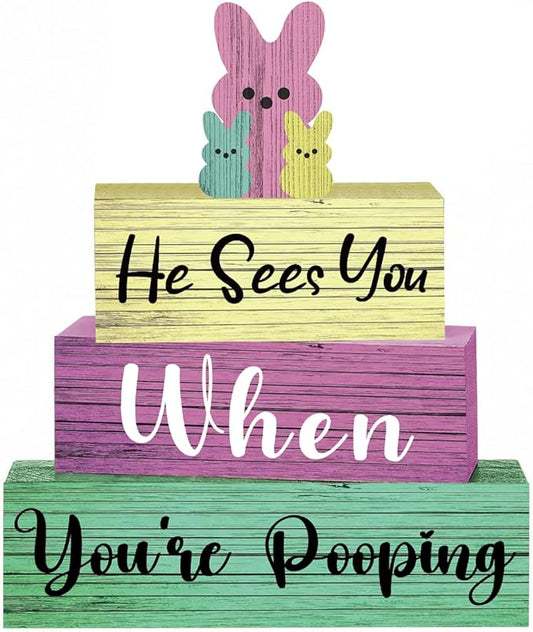 4 Pcs Funny Easter Bathroom Decor Easter Tier Tray Decor He Sees You When You're Sign Rustic Farmhouse Bathroom Decorations for Home Office Toilet Restroom Bunny Sign