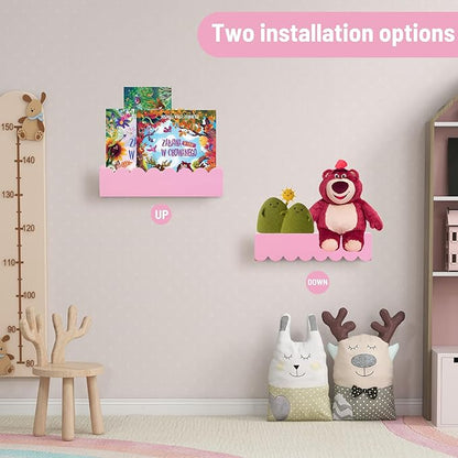 Wood Floating Shelves for Wall,Nursery Bookshelf,Kids Book Shelf,Baby Toys Storage Decor Organizer Wall Mounted for Living Room Bedroom,Wavy Edge,Preassembled,4 Pack,Scalloped Pine(Pink)
