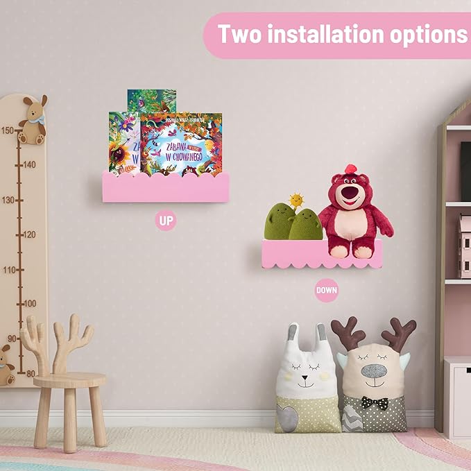 Wood Floating Shelves for Wall,Nursery Bookshelf,Kids Book Shelf,Baby Toys Storage Decor Organizer Wall Mounted for Living Room Bedroom,Wavy Edge,Preassembled,2 Pack,Scalloped Pine(Pink)