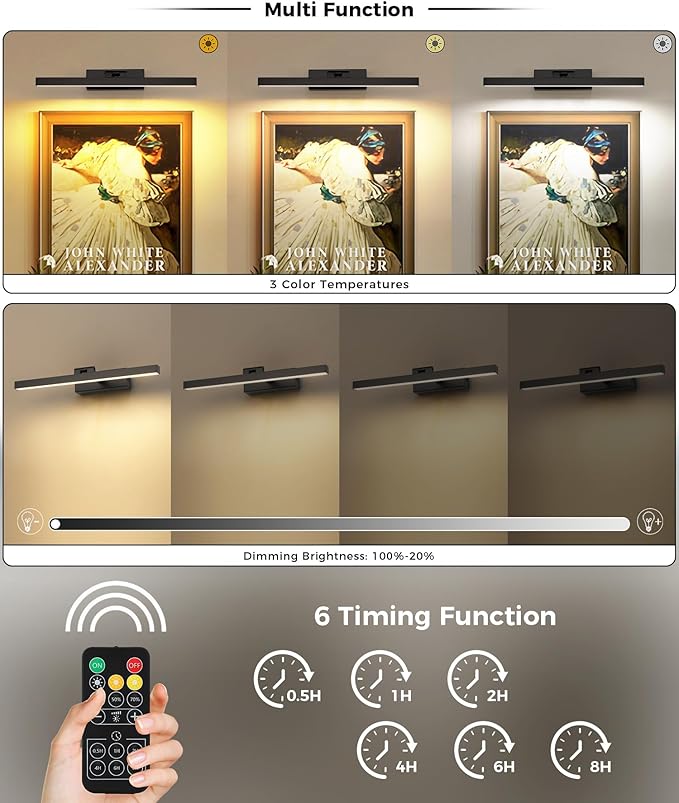 Joosenhouse Battery Operated Picture Light, Rechargeable Wireless Gallery Light with Remote Control, Dimmable & Timer Function, 15.35" Black Wall Lights for Artwork
