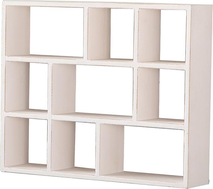 SOFE Small White Shadow Box with Shelves, Wall Shelving Unit 9-Compartments, Freestanding or Wall Mounted Curio Cabinet, Knick Knack Display Shelf, Wood Floating Cube Shelves for Walls, Collectibles