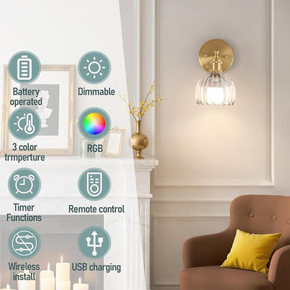 Battery Operated Wall Sconce, Vintage Wall Sconce with Transparent Tulip Glass Lampshade Rechargeable Battery Powered Wall Light with Remote Control for Bedroom,Living Room, Hallway, Aisle