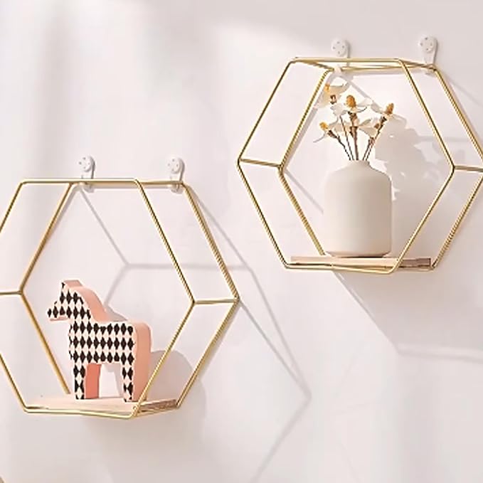 Gold Floating Wall Shelves Set of 3,Metal Hexagon Shelving Geometric Wall Mounted Design for Living Room, Bedroom, Kitchen & Office Decor, Easy Install Modern Display Shelves with Golden Finish