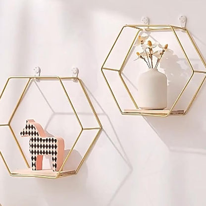 Gold Floating Wall Shelves Set of 3,Metal Hexagon Shelving Geometric Wall Mounted Design for Living Room, Bedroom, Kitchen & Office Decor, Easy Install Modern Display Shelves with Golden Finish