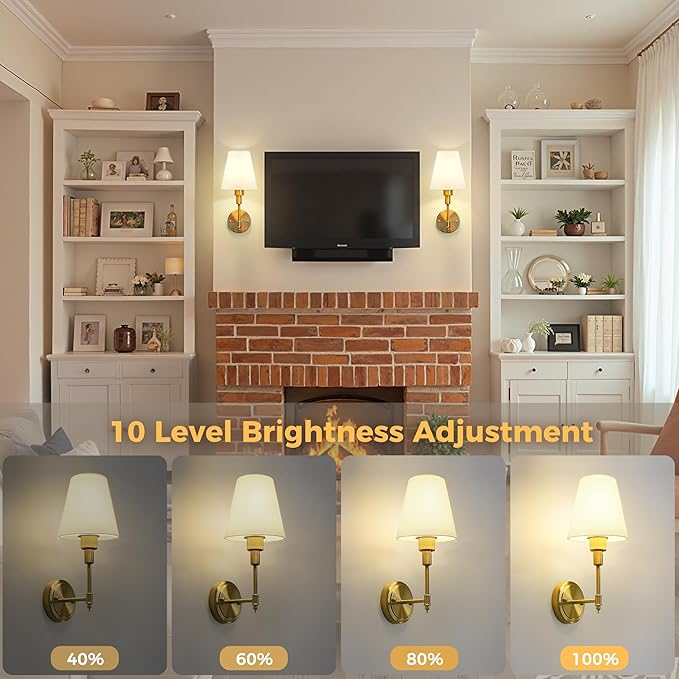 DORESshop Battery Operated Wall Sconce Set of 2, Wall Light Wireless Easy to Install, Dimmable and Adjustable Sconces Wall Decor, Rechargeable Wall Lamp for Bedroom, Living Room, Gold 14.8in