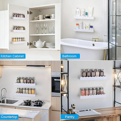 6 inch Spice Rack Wall Mounted,4 Pack Spice Organizer Shelf for Stove Cabinet Pantry Door, Adhesive or Screw Hanging Wall Spice Shelf Storage Holder in Kitchen and RV - White Color