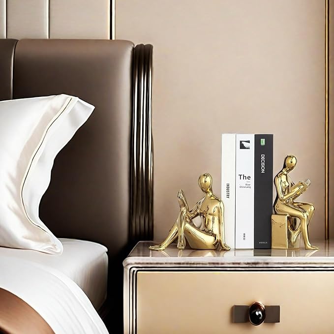 Home Decorative Reading Book Statue Bookends Elegant Ceramic Bookshelf Room Office Desk Decor,Paper Weights, Book Ends,Bookend Supports, Book Stoppers, Set of 2 (Gold)