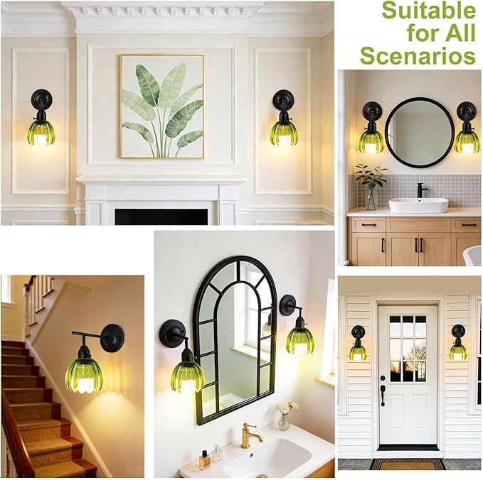 Vintage Gold Wall Sconces with Green Tulip Glass Lampshade, Hardwired and Wireless Wall Lamp (2 Usage Methods), Blakc Sconces Hradwired Modern Wall Lighting Fixture for Bedroom Living Room