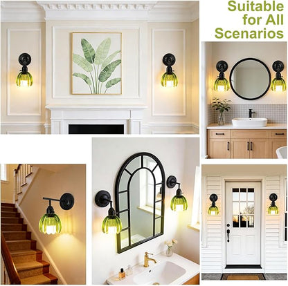 Vintage Gold Wall Sconces with Green Tulip Glass Lampshade, Hardwired and Wireless Wall Lamp (2 Usage Methods), Blakc Sconces Hradwired Modern Wall Lighting Fixture for Bedroom Living Room
