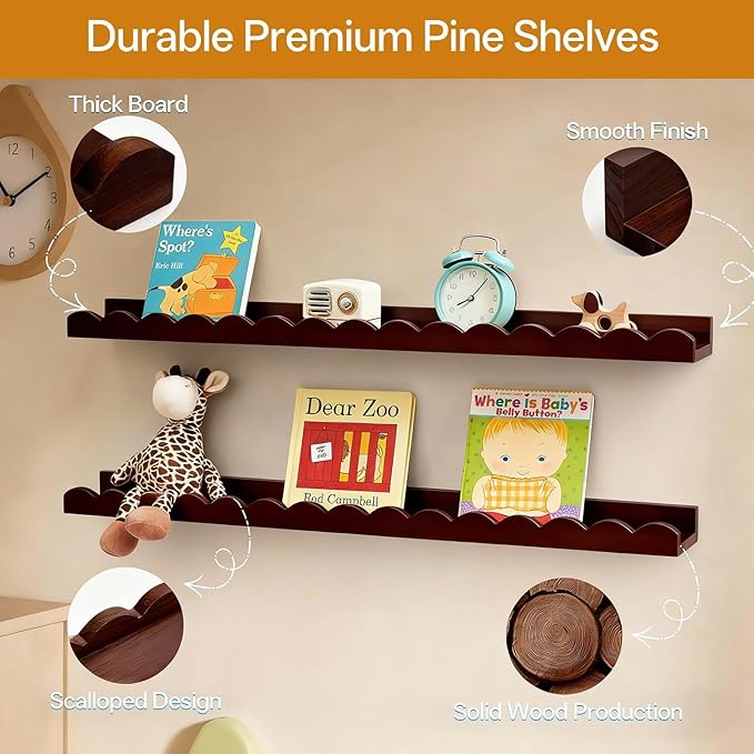 Walnut Scalloped Book Shelf, Dark Wood Nursery Book Shelves Set of 2 Pine Wooden Floating Bookshelf for Wall Cloud Picture Ledge Shelf for Kids Bedroom Baby Child Toddler Room Kitchen(90cm)