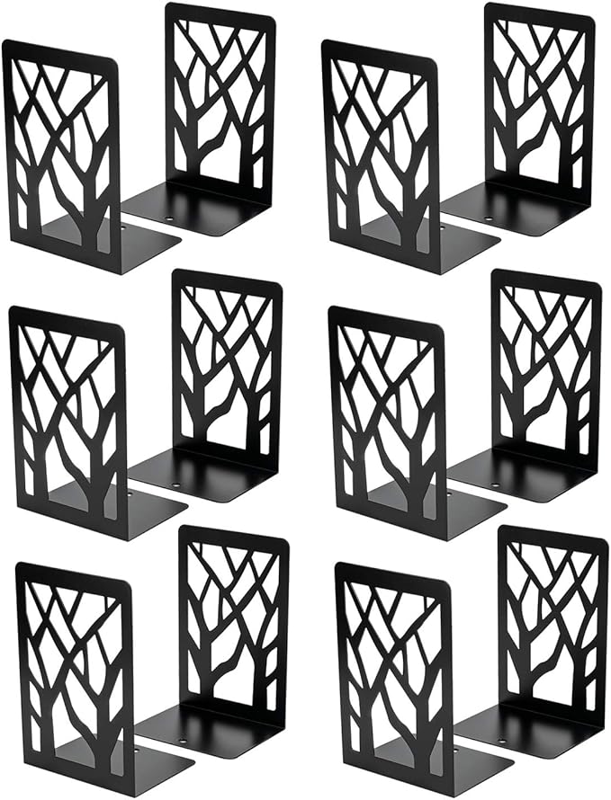 MaxGear Book Ends Tree Design Modern Bookends for Shelves, Non-Skid Bookend, Heavy Duty Metal Book Stopper for Books/CDs, Decorative Book Shelf Home, 7 x 4.7 x 3.5”, Black (6 Pair/12 Pieces, Large)