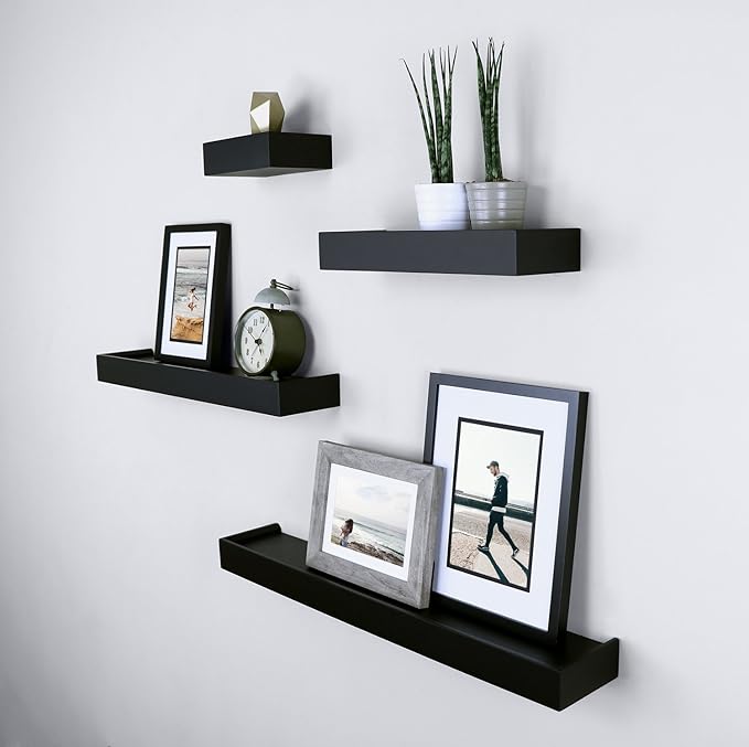 Ballucci Modern Ledge Wall Shelves, Set of 4 Wood Floating Shelves for Bedroom, Bathroom, Living Room, Kitchen, Nursery, Black
