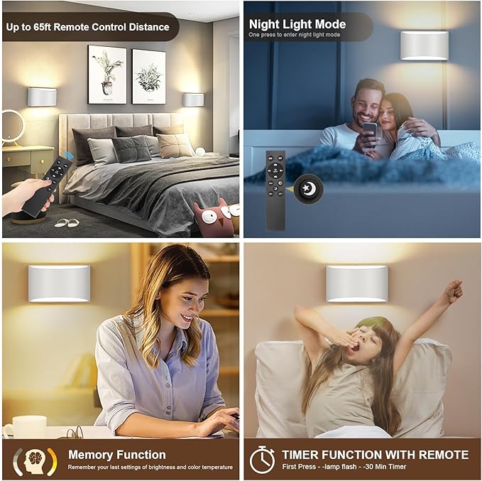 TRLIFE Modern LED Wall Sconces, Remote Control Dimmable and Adjustable Color Temperature 3000K~6000K Aluminum 12W Hardwired 120V AC Dimmable Wall Mounted Light for Bedroom Living Room(White, 2 Pack)