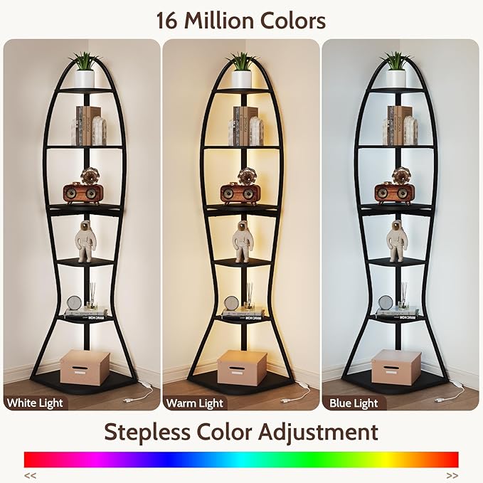 Artistic Fish-Inspired Corner Shelf with LED Lights, 6-Tier Tall Corner Bookshelf with Multi-Depth Display, Space-Saving Storage Unit with Remote Control for Bedroom & Living Room