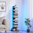 TUTOTAK Narrow Bookshelf, 8-Tier Bookcase with LED Lights, Spine Book Shelf for Small Space, Corner Standing Shelf for Living Room, Office, Study, Entryway, Black BS06BK008L