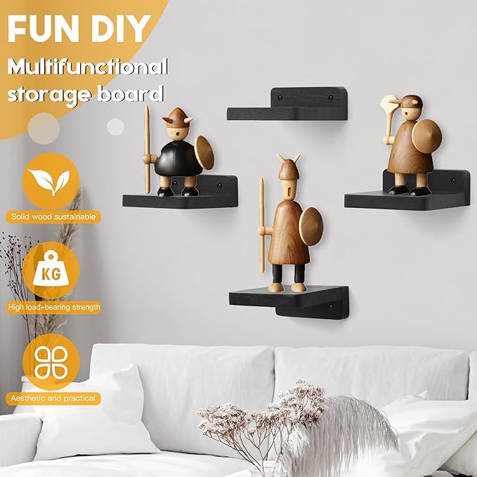 Small Floating Shelf, 4x4 Inch Display Ledges for Wall,Mini Shelves,Rustic Wood Shelf for Bedroom Living Room Bathroom Kitchen (4, Black)
