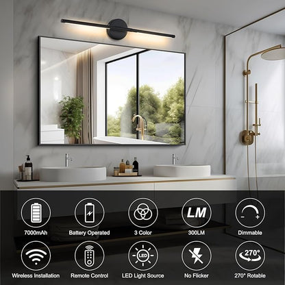 Wireless Battery Operated Wall Sconces with Remote, Black Rechargeable Led Wall Lights Set of Two, Cordless Dimmable Battery Powered Wall Lamp Decor for Bedroom Living Room, 3 Color, 28 Inch