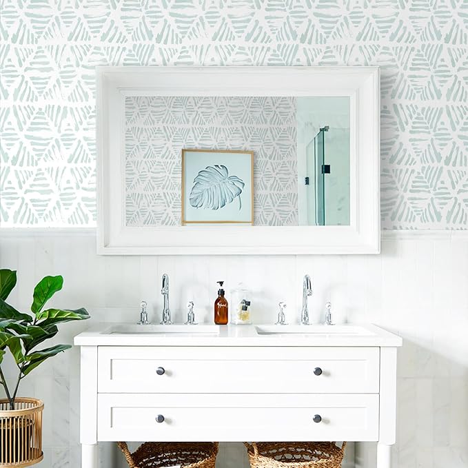 Peel and Stick Wallpaper Modern Geometric Wallpaper 17.3" x 197" Boho Green and White Contact Paper Striped Self Adhesive Removable Wall Paper for Bedroom Cabinets Drawers Waterproof Vinyl Roll
