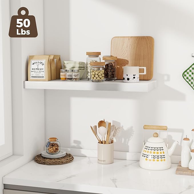 Fun Memories 12 Deep Floating Shelves for Wall | 30W x 12D Large Floating Shelves | 3 Pack Storage Space Wall Mount Shelf for Living Room Bathroom Toilet Laundry Room Kitchen Home Office - White