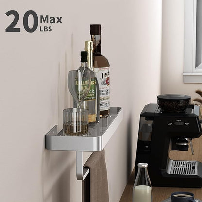 Danpoo 16 Inch Long Floating Bathroom Shelf with Towel Bar, Clear Tempered Glass Wall Shelf with Hand Towel Holder for Bathroom Storage Organizer, Matte Silver