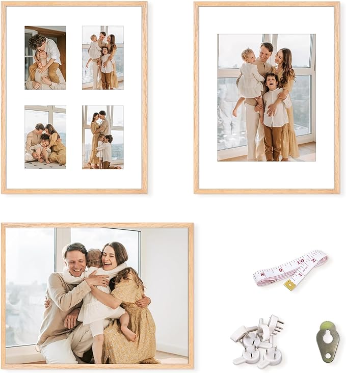 12x16 Picture Frame,OAK Wood Photo Frame 8.5x11 with Mat or 4x6 with 4 Mat with Perspex Glass for Vertical or Horizontal Wall Display for Photo, Christmas Gift,Set of 3