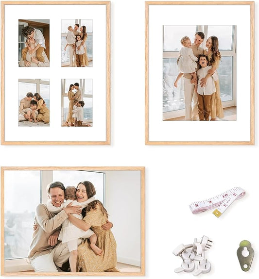 12x16 Picture Frame,OAK Wood Photo Frame 8.5x11 with Mat or 4x6 with 4 Mat with Perspex Glass for Vertical or Horizontal Wall Display for Photo, Christmas Gift,Set of 3
