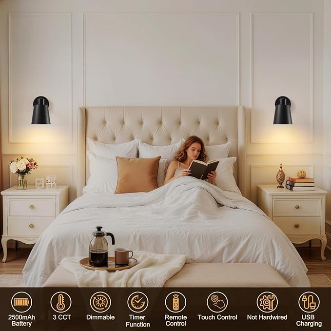 Black Battery Operated Wall Sconces Set of Two with Remote, Rechargeable Battery Powered Wall Lights, 3 Color Temperature, Dimmable, Modern Wireless Wall Lamps for Bedroom Living Room Hallway