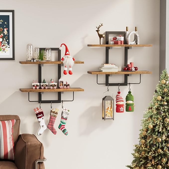 Floating Shelves for Wall Set of 2, Wood Wall Shelf with 6 Hooks, 2 Tier Hanging Decorative Storage Shelves for Living Room Bedroom Bathroom Kitchen Office Coffee Bar, Rustic Brown