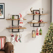Floating Shelves for Wall Set of 2, Wood Wall Shelf with 6 Hooks, 2 Tier Hanging Decorative Storage Shelves for Living Room Bedroom Bathroom Kitchen Office Coffee Bar, Rustic Brown