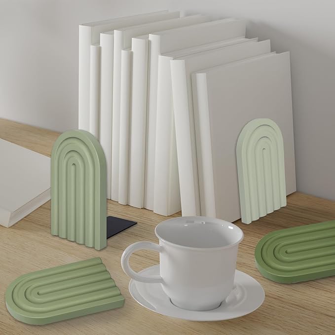 Whaline 4Pcs Boho Arch Wood Bookends Sage Green Rainbow Wooden Book Stands Decorative Non Skid Book Stoppers Study Cute Bookend for Back to School Heavy Books Home Office Library Kitchen (4 Colors)