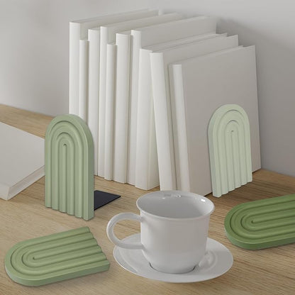 Whaline 4Pcs Boho Arch Wood Bookends Sage Green Rainbow Wooden Book Stands Decorative Non Skid Book Stoppers Study Cute Bookend for Back to School Heavy Books Home Office Library Kitchen (4 Colors)