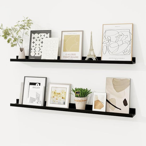 Picture Ledge Shelf, Floating Shelves Set of 2, 36 Inches Solid Wood Nursery Book Shelves for Toys Storage, Kids Bookshelf Wall Mounted for Living Room Bedroom Decor Books Photo Frames, Black