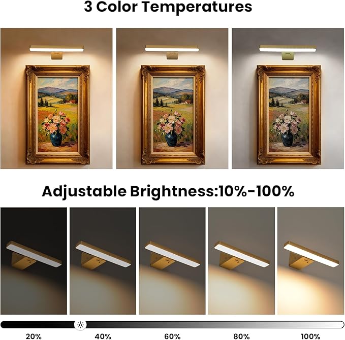 Battery Operated Picture Lights for Wall, Gold Wireless Art Light for Paintings, Rechargeable Display Light for Picture with Remote, 3 Color Poster Lights for Portraits Frame Wall Decor (2 Pack)